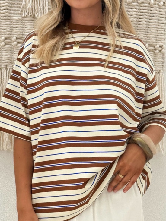 Tops - Sloane Striped Crewneck Tee - Brown & Cream